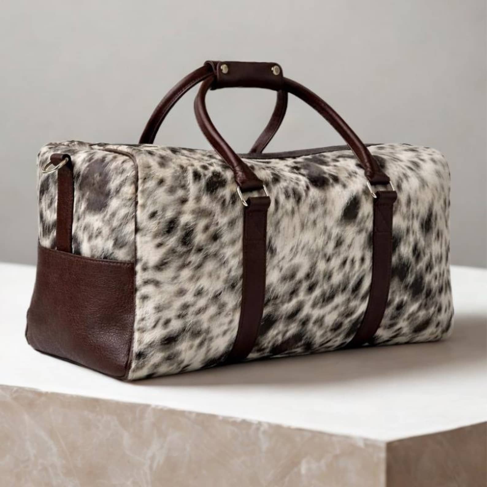 Brown  White HairOn Cowhide Duffle Bag  Handmade Leather Carry On Duffel bag