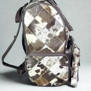 Handmade Hair On Cowhide Backpack  Natural Patchwork Leather Travel Backpack