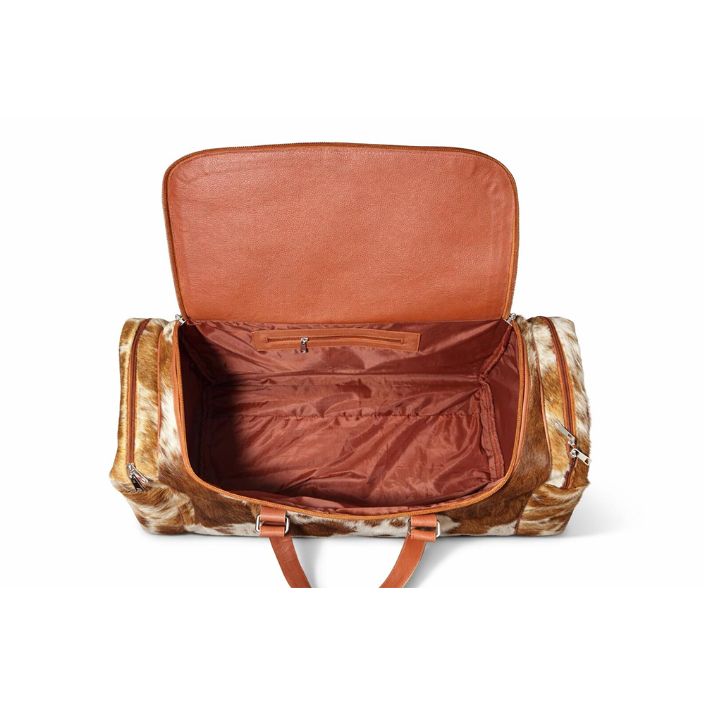 Tan White Cowhide Duffle Bag  Genuine Leather Western Travel Weekender (22 Inch)