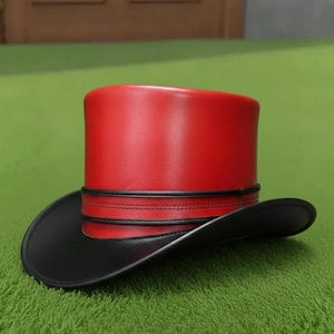 Handmade Red Leather Top Hat Steampunk Cosplay Hat with Black Brim Band