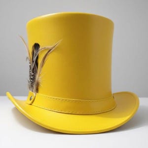 Handmade Yellow Leather Top Hat Steampunk Gothic Fashion hat Festival Costume