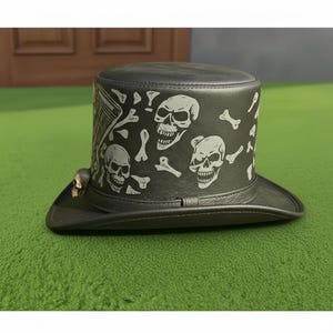 Handmade Black Skull Leather Top Hat  Steampunk Gothic Festival Cosplay Hat