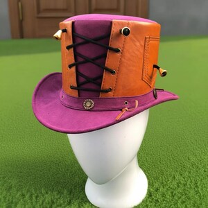 Handmade Purple Orange Leather Top Hat Steampunk Lace Up Cosplay Festival Wear