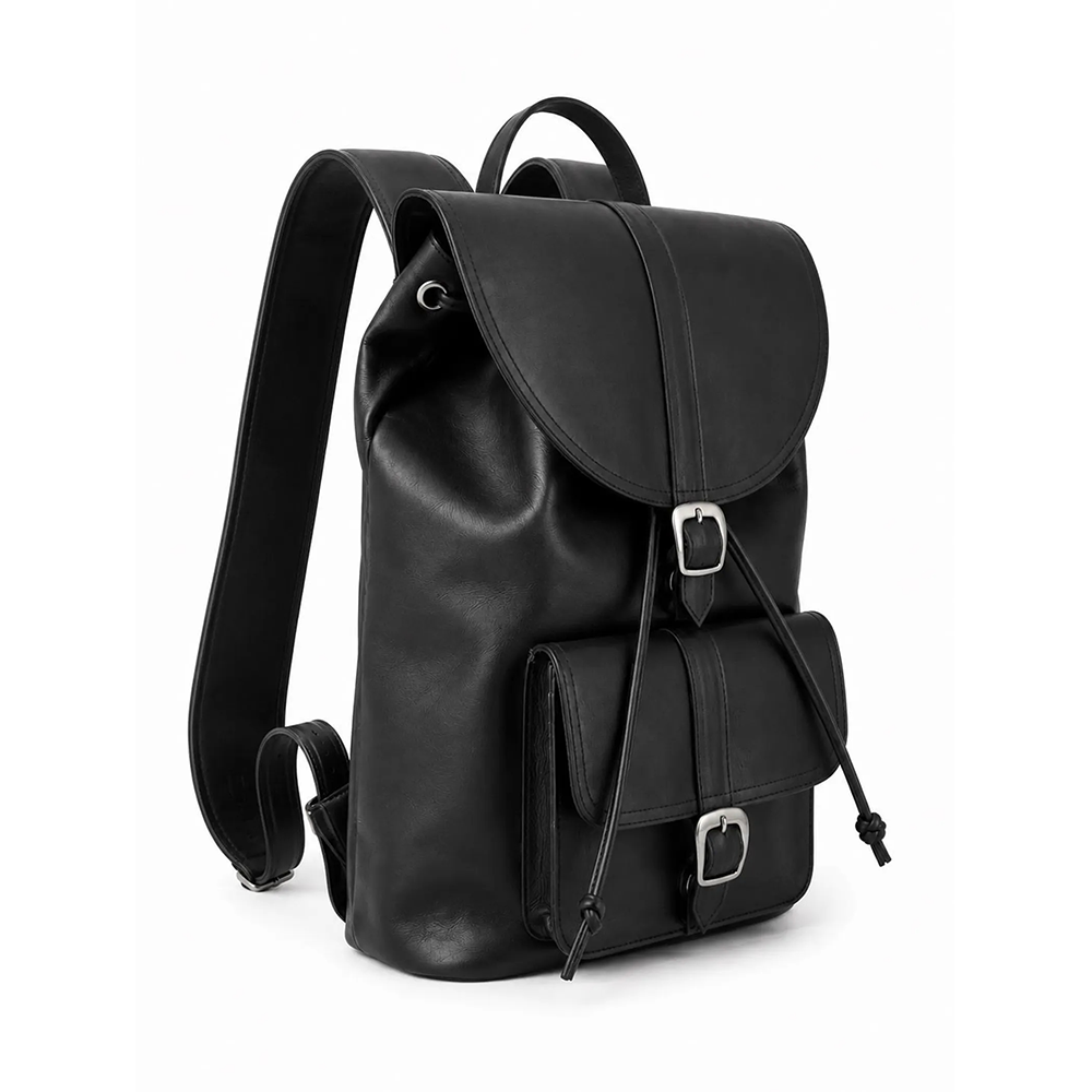 Black Leather Rucksack, Vintage Minimalist Travel Backpack, Laptop Bag