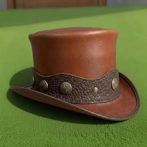 Handmade Brown Leather Top Hat Steampunk Vintage Gothic Cosplay Hat