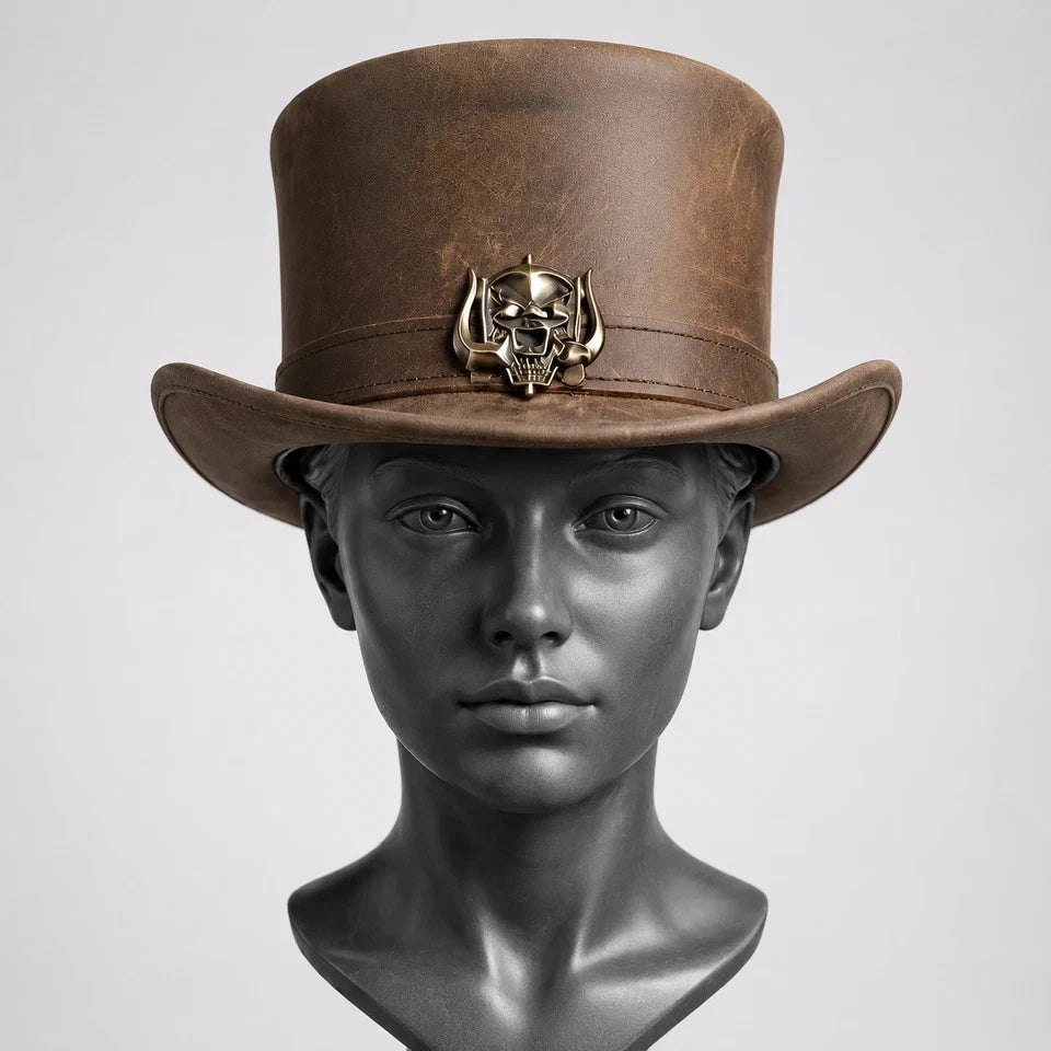 Handmade Brown Genuine Leather Top Hat Steampunk Gothic Skull Biker Festival Hat