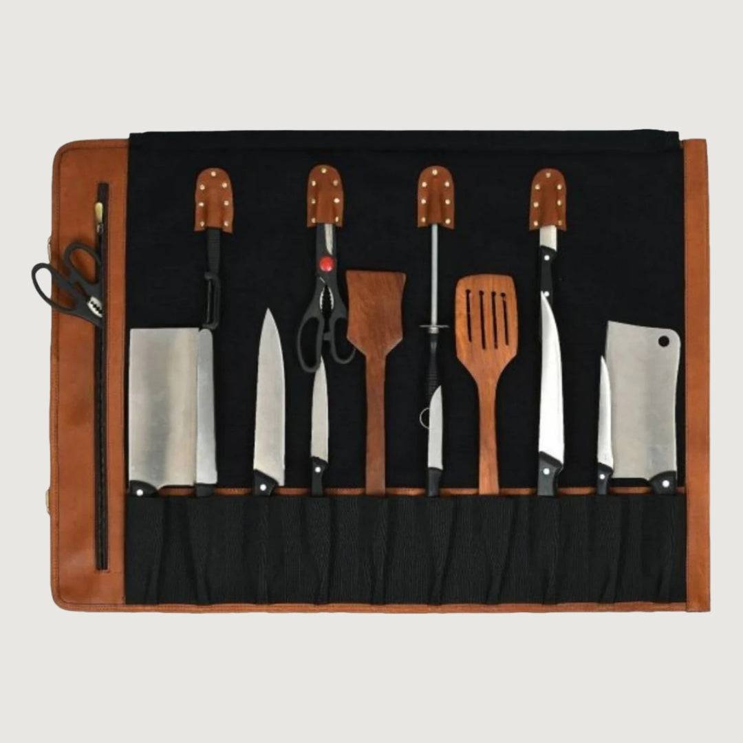 Stretchable Leather Knife Roll With Detachable Shoulder Strap