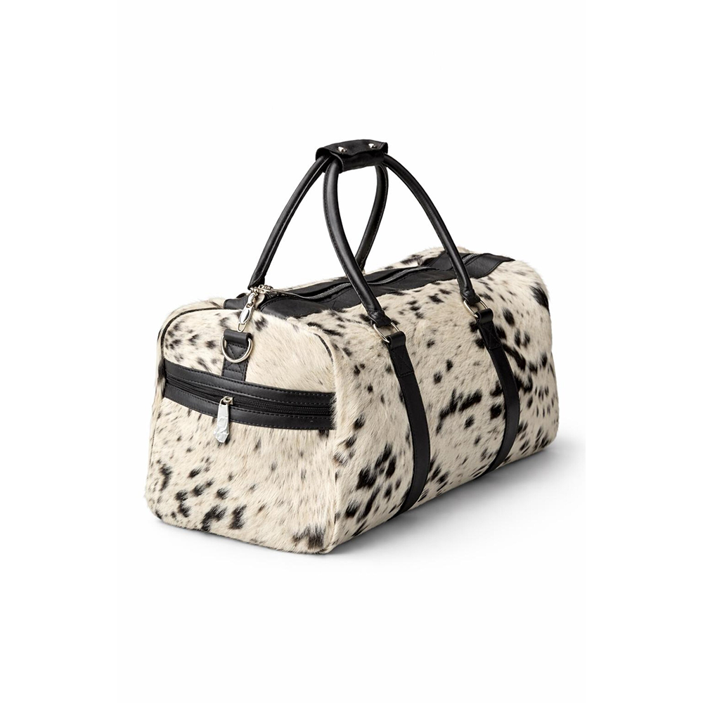 HairOn Cowhide Black and White Duffle Bag  Handmade Leather Weekender3