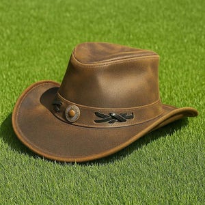 Handmade Full Grain Leather Cowboy Hat  Western Outback Style Unisex Brown