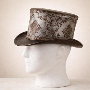 Unisex Leather Top Hat with Damask Band  Steampunk Victorian Style
