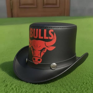 Handmade Black Leather Top Hat Red Bull Gothic Steampunk Festival Hat