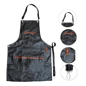 Black Leather Barber Apron Adjustable with Pockets