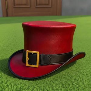 Handmade Red Leather Top Hat with Buckle Band Steampunk Gothic Festival Costume Style