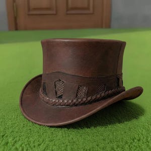 Handmade Brown Leather Steampunk Top Hat Victorian Gothic Costume Cosplay Hat