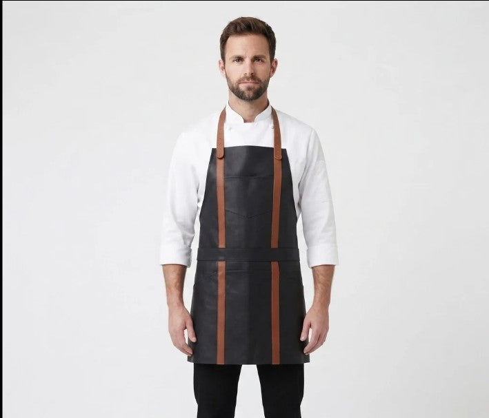 Professional Black Leather Chef Apron with Adjustable Cross Back Harness