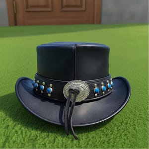 Handmade unisex Black Leather Studded Steampunk Top Hat For Cosplay Festivals And Themed Fashion