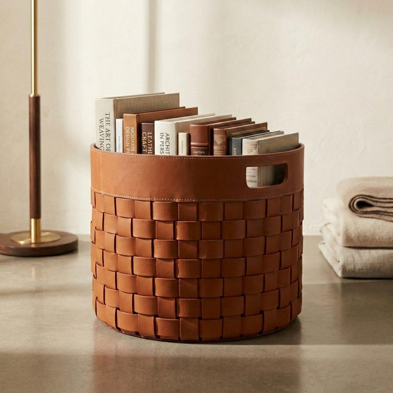 Handmade Round Woven Leather Firewood Carrier  Rustic Wood Storage Basket  Log Organizer Home Decor