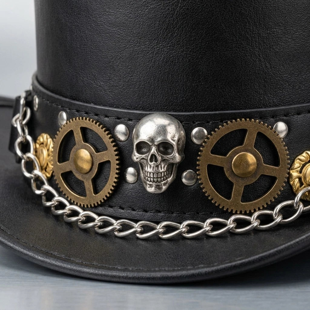 Black Steampunk Gothic Top Hat Mens Womens Victorian Gear Skull Chain Costume