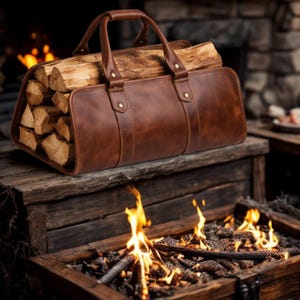 Handmade Leather Firewood Carrier Rustic Fireplace Decor