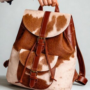 Handmade Tan  White Hair On Cowhide Leather Backpack