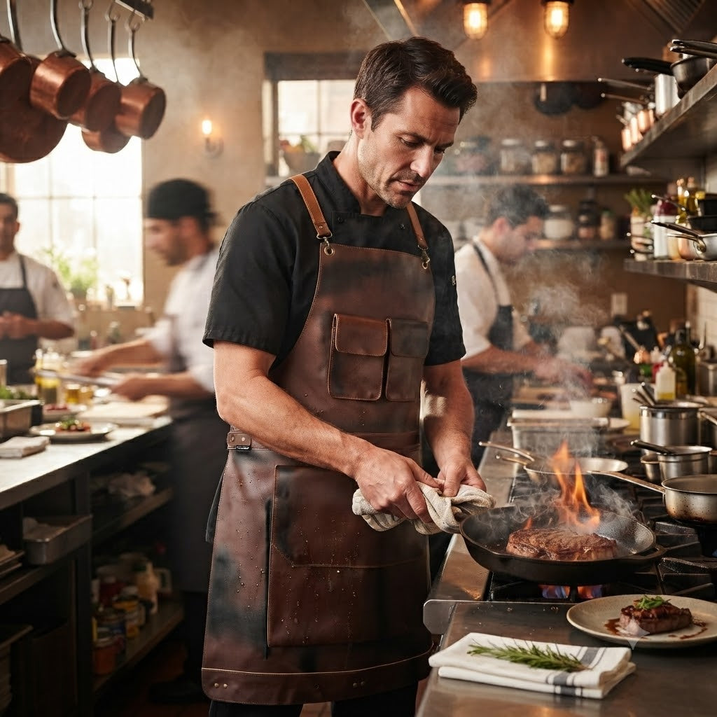 Dark Brown Full Grain Leather Apron with Cross Back Straps  Utility Pockets