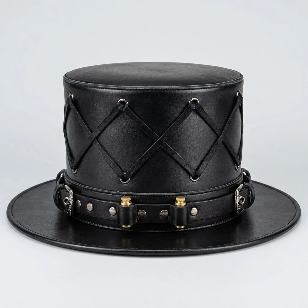 Black Leather Gothic Top Hat Steampunk Victorian Cowboy Costume Adjustable Strap