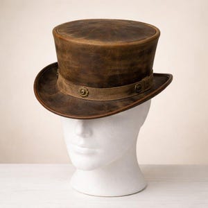 Handmade Brown Leather Top Hat Vintage Steampunk Victorian Costume Gift Hat