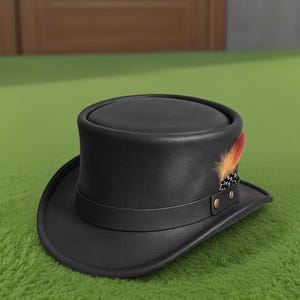 Handmade Black Leather Steampunk Top Hat with Feather Accent Gothic Festival Hat