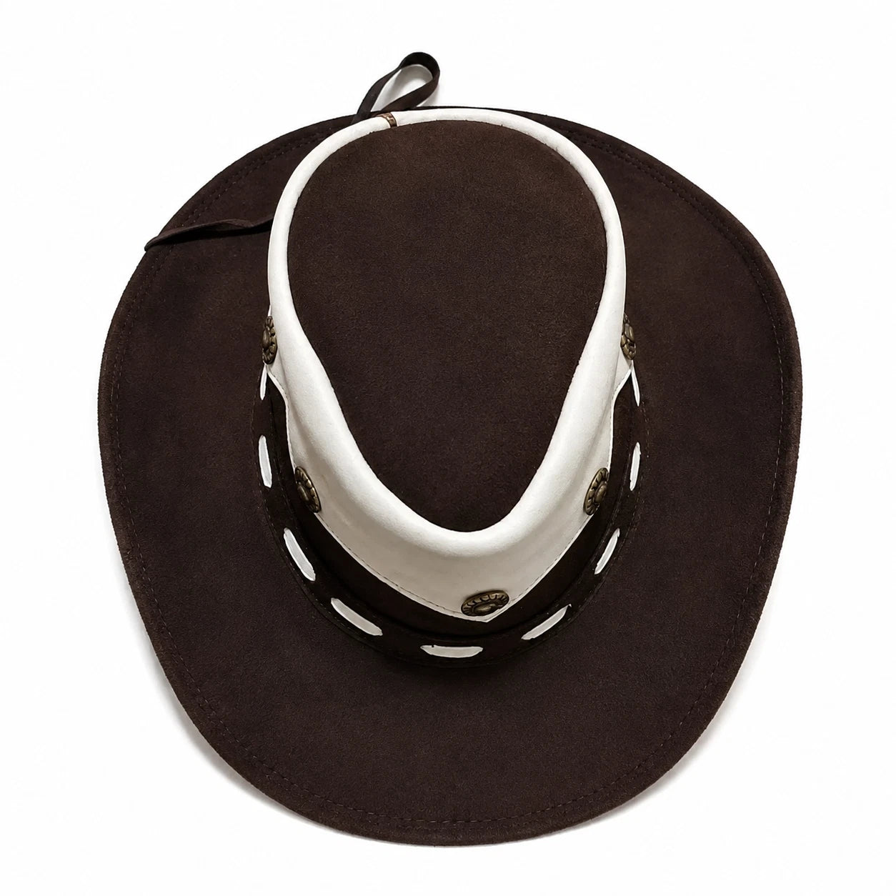 Brown Leather Cowboy Hat Western Concho Studs White Band Chin Strap Rancher