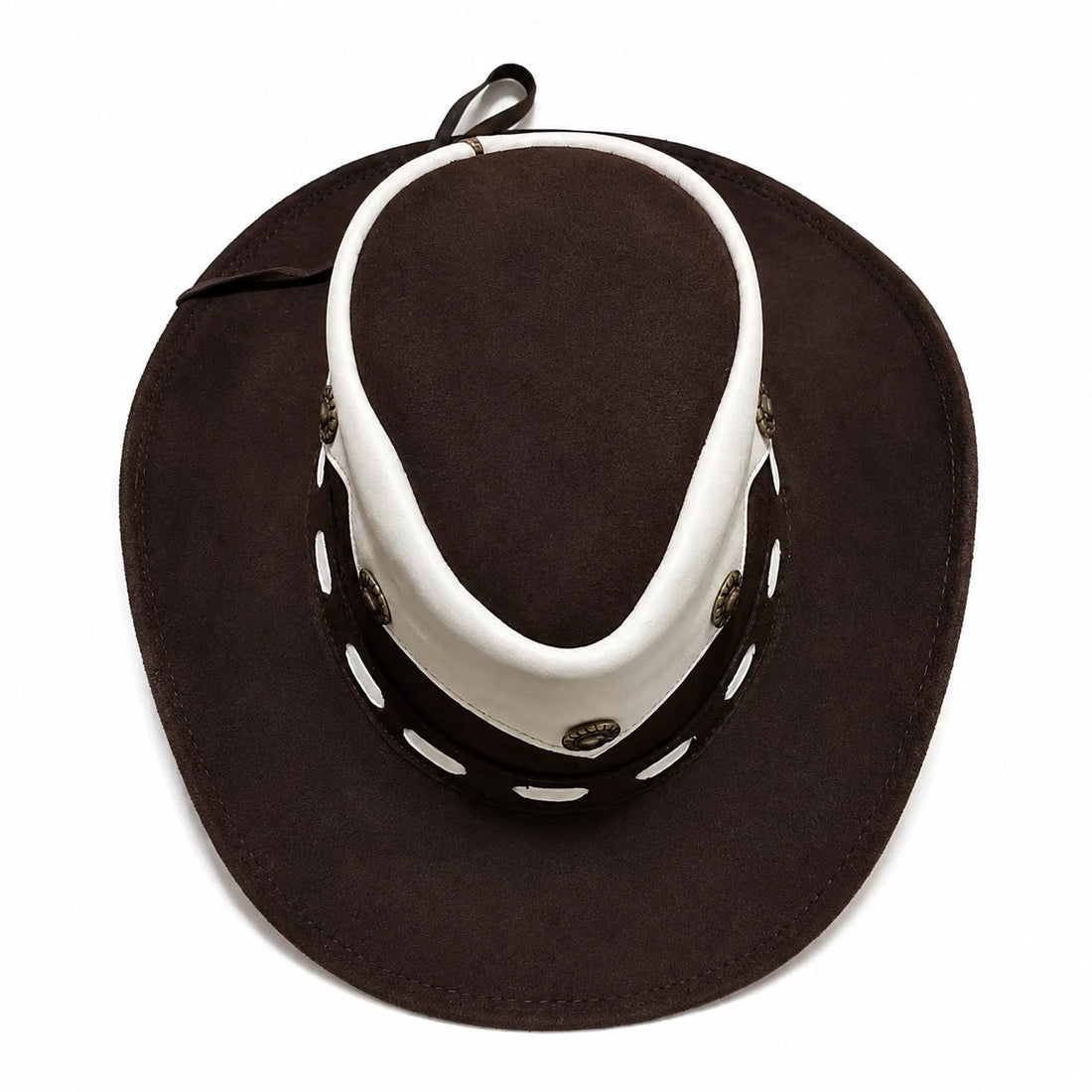 Brown Leather Cowboy Hat Western Concho Studs White Band Chin Strap Rancher