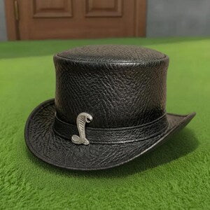 Handmade Black Leather Top Hat Gothic Steampunk with Metal Emblem Cosplay Festival Style