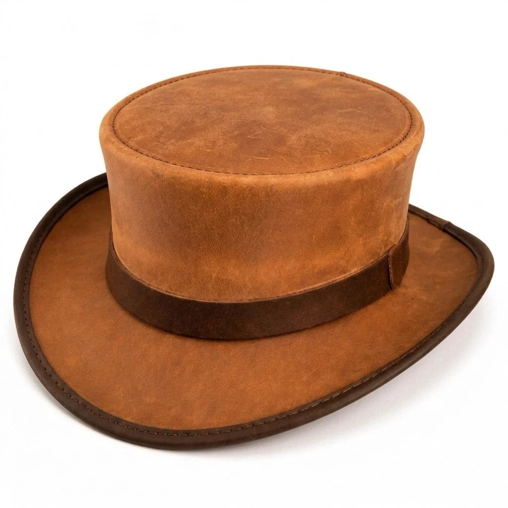 Handmade Brown Leather Top Hat Steampunk Western Cowboy Victorian Hat
