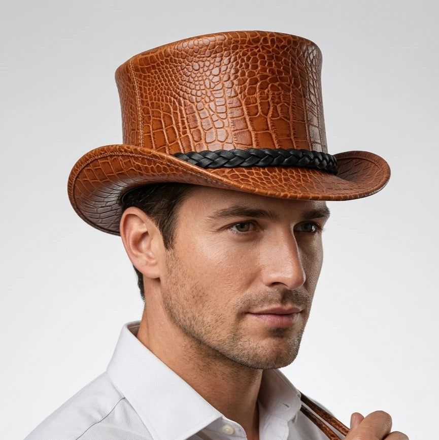 Brown Croc Embossed Genuine Leather Steampunk Top Hat Braided Band Gothic
