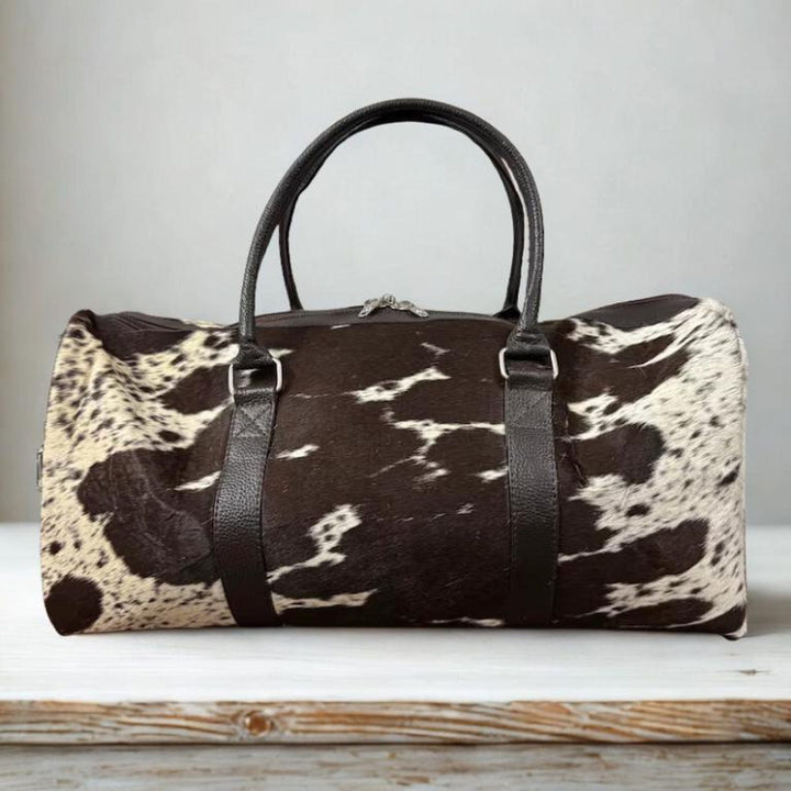 Brown  White Cowhide Duffel Bag  Hair On Hide Western Weekender