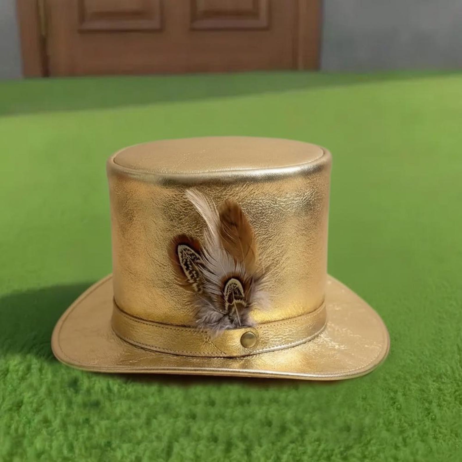 Handmade Golden Leather Top Hat Steampunk Gothic Victorian Festival Hat