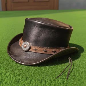 Handcrafted Black Leather Top Hat with Brown Band Western Steampunk Gothic Festival Wear