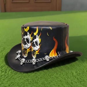 Handmade Black Leather Skull Top Hat With Flames Steampunk Gothic Rocker Festival Hat