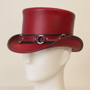 Handmade Red Leather Steampunk Top Hat With Ring Band Festival Cosplay Hat