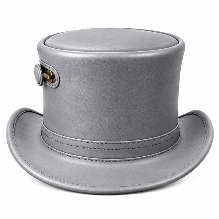 Handmade Grey Genuine Leather Steampunk Top Hat Brass Zipper Gothic Cosplay Hat