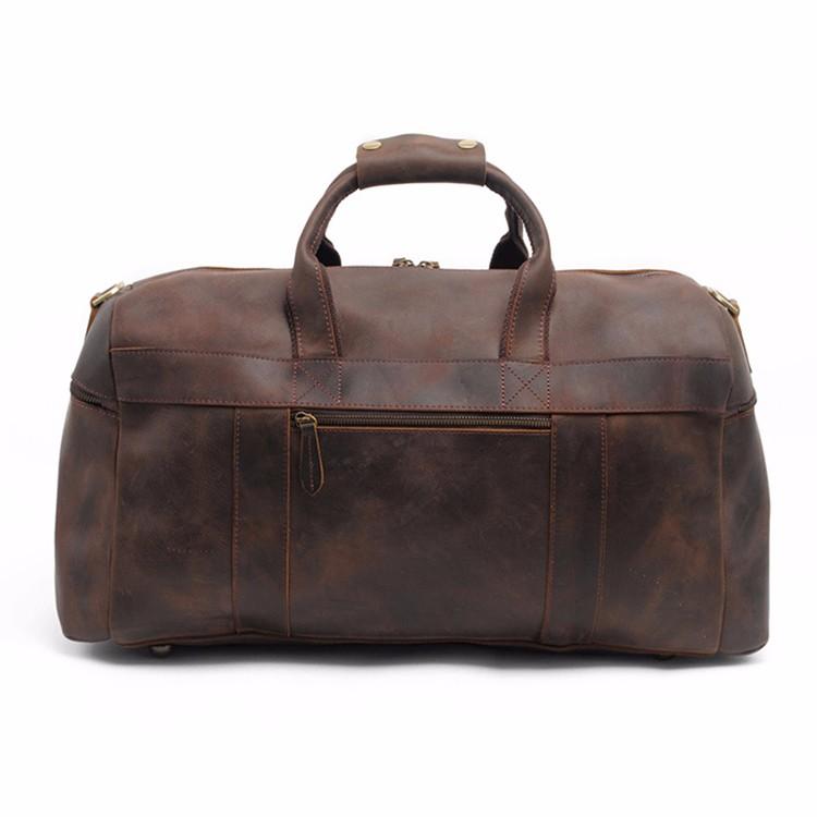 Barksons Leather travel duffel bag rear view showing leather panels and exterior zipper pocket