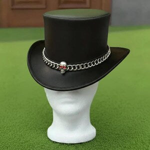 Handmade Leather Top Hat Black Gothic Steampunk Hat with Skull Chain