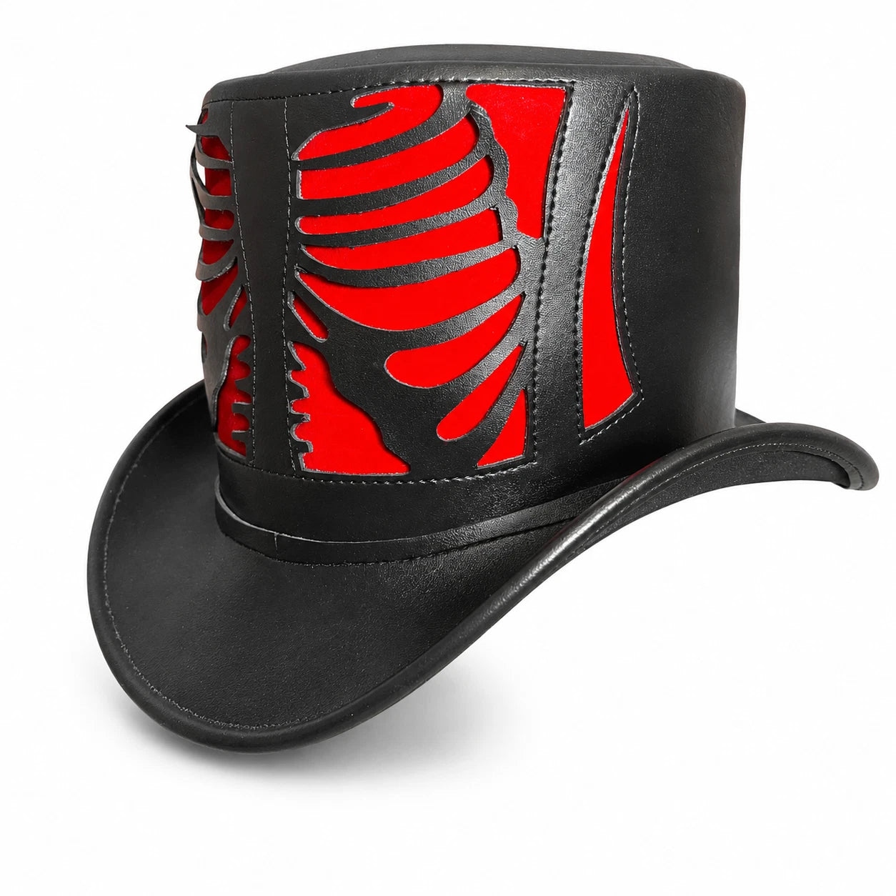 Black Red Leather Skeleton Rib Cage Top Hat Gothic Steampunk Biker Costum