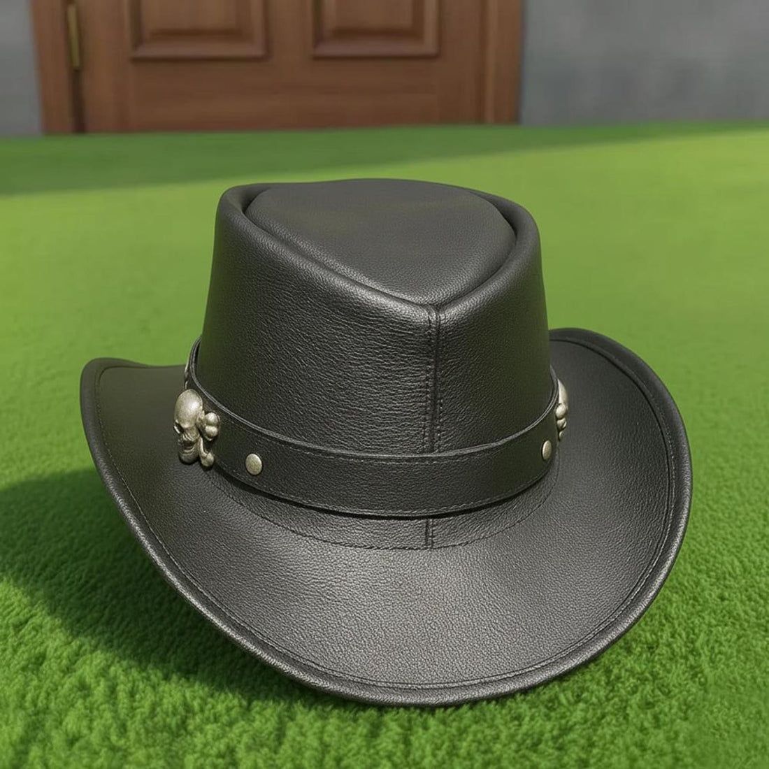 Handmade Black Leather Cowboy Hat with Skull Band  Steampunk Gothic Rock Festival Accessory