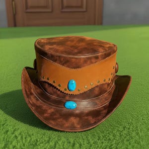 Handcrafted Brown Leather Top Hat with Turquoise Stones Steampunk Western Gothic Festival