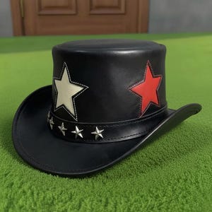 Handmade Black Leather Star Top Hat Steampunk Gothic Rockstar Cosplay Hat