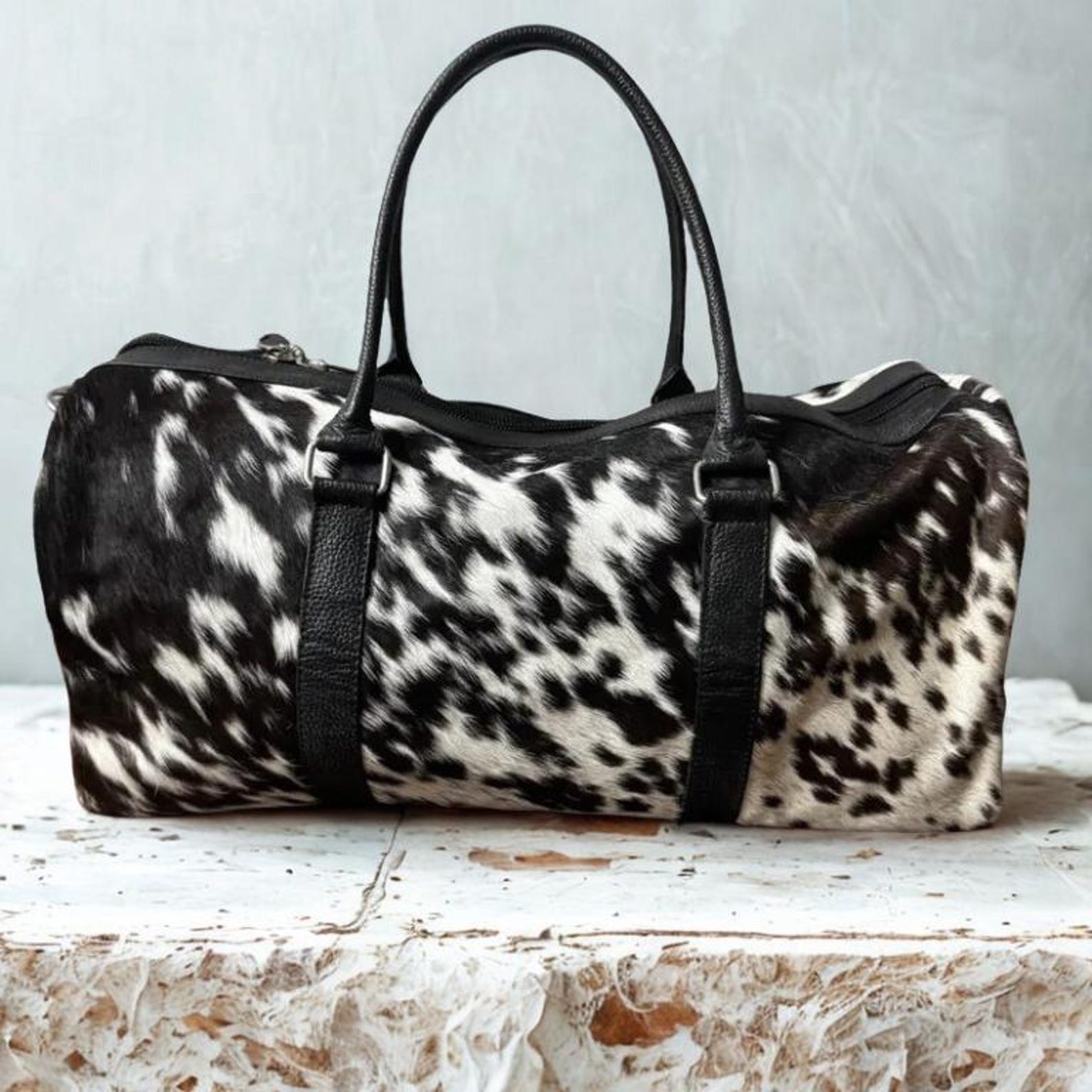 Black  White Cowhide Duffle Bag Handmade Western Weekender
