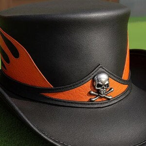 Handmade Leather Black Top Hat with Orange Flame Skull Biker Steampunk Gothic