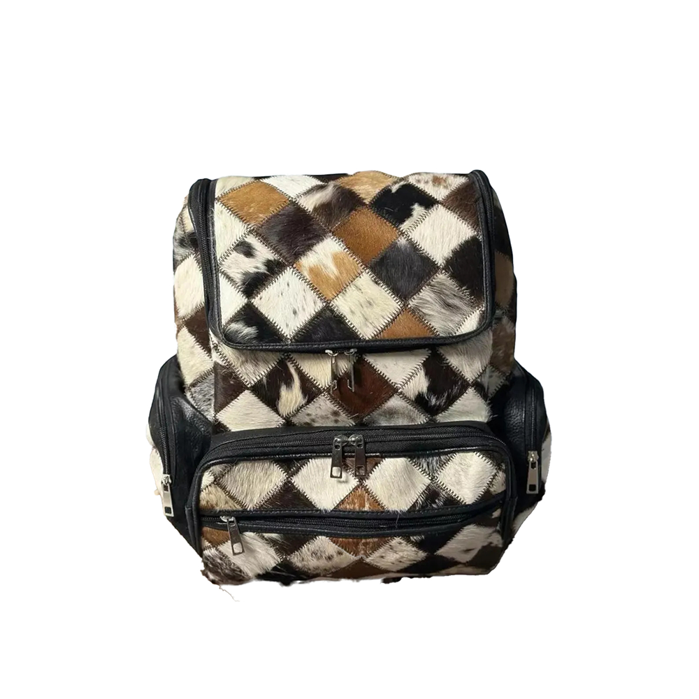 Handmade Patchwork Cow Hairon Leather Backpack Rust