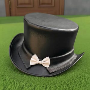 Handmade Black Leather Top Hat with Bow Victorian Steampunk Wedding Formal Hat