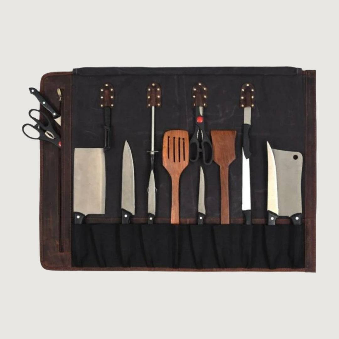 Tourbon Dark Saddle Leather Chef Knife Roll